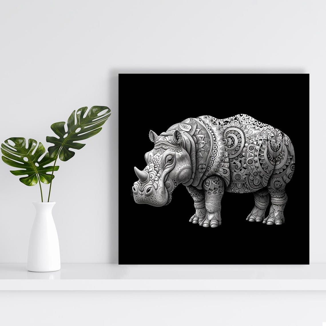 Hippo Covered In Ornamental Mandala Patterns Black White Art Poster - Image 2