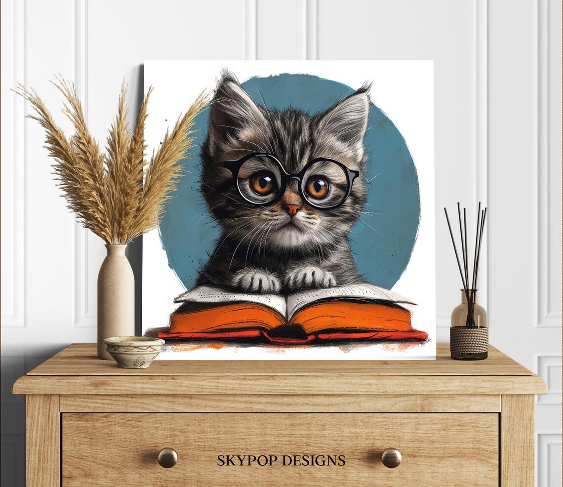 Smart Tabby Kitten With Round Glasses Reading Open Book Cute Study Art Print - Image 2
