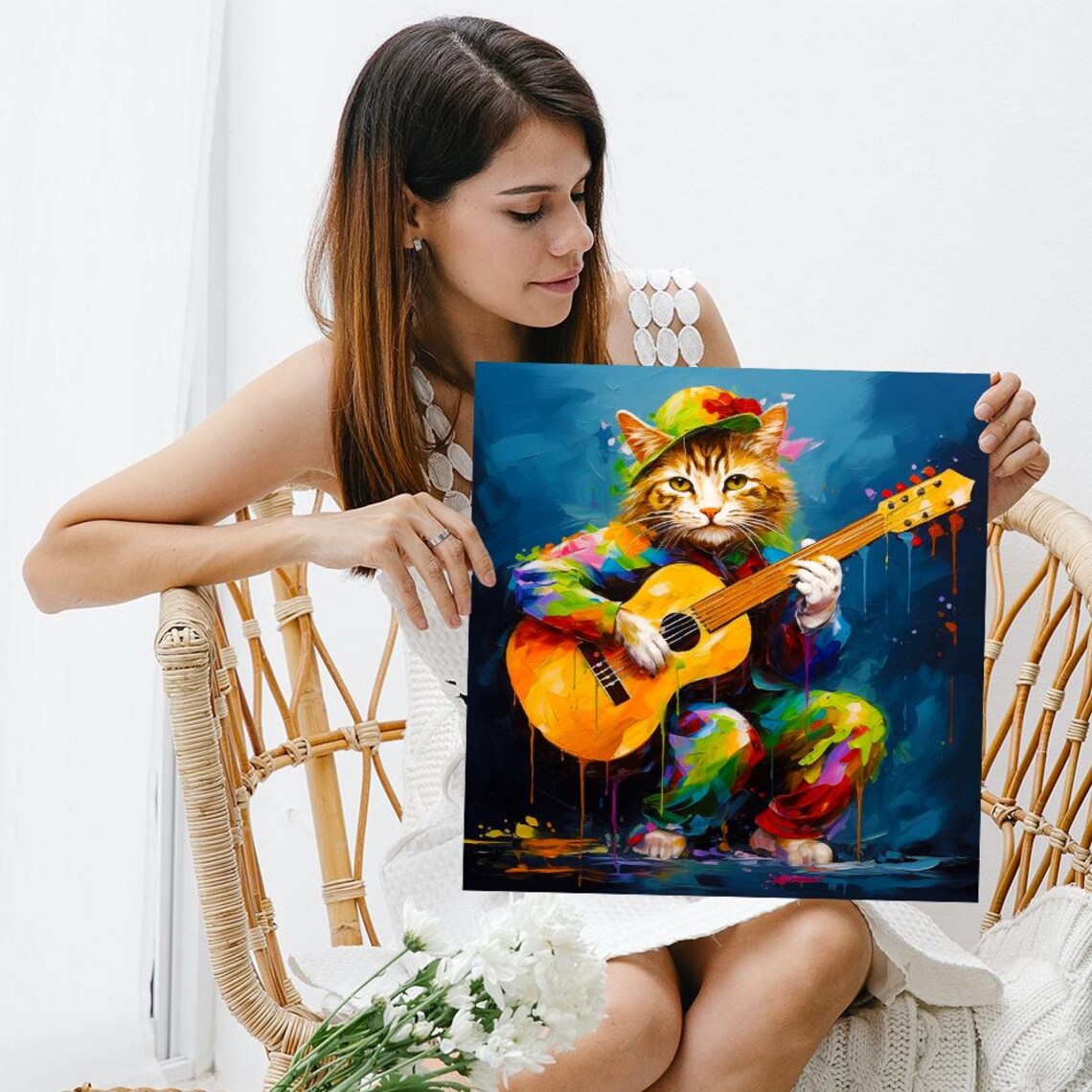 Guitar Playing Cat Colorful Musical Whimsical Happy Musician Art Poster - Image 3