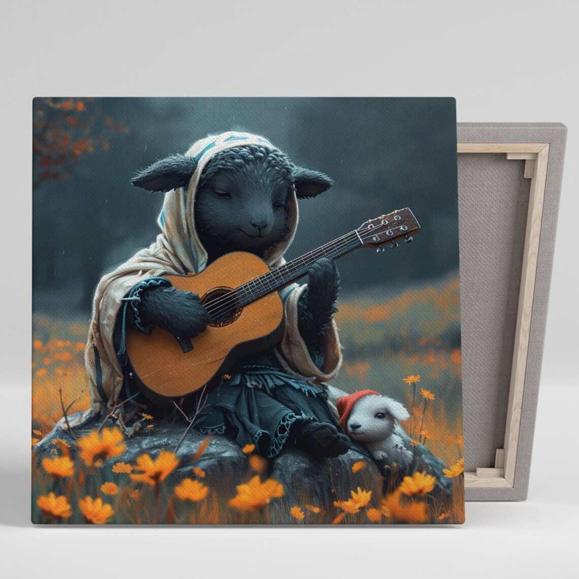 Black Lamb Playing Guitar Meadow Flowers Whimsical Music Poster