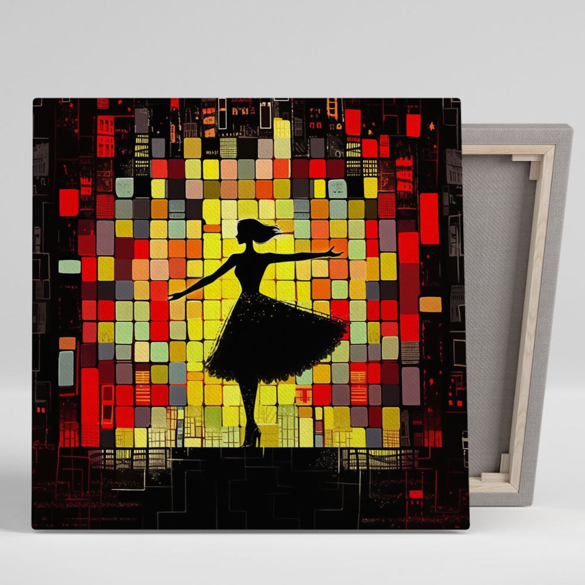 Dancer Silhouette Twirling Against Glowing Mosaic City Lights Art Poster