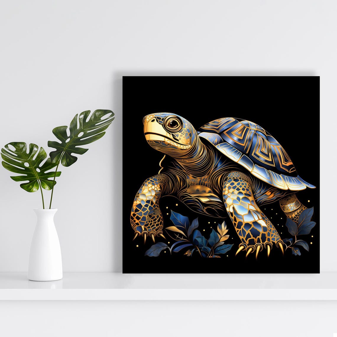 Golden Turtle With Ornate Blue Shell Art Deco Style Animal Poster - Image 2