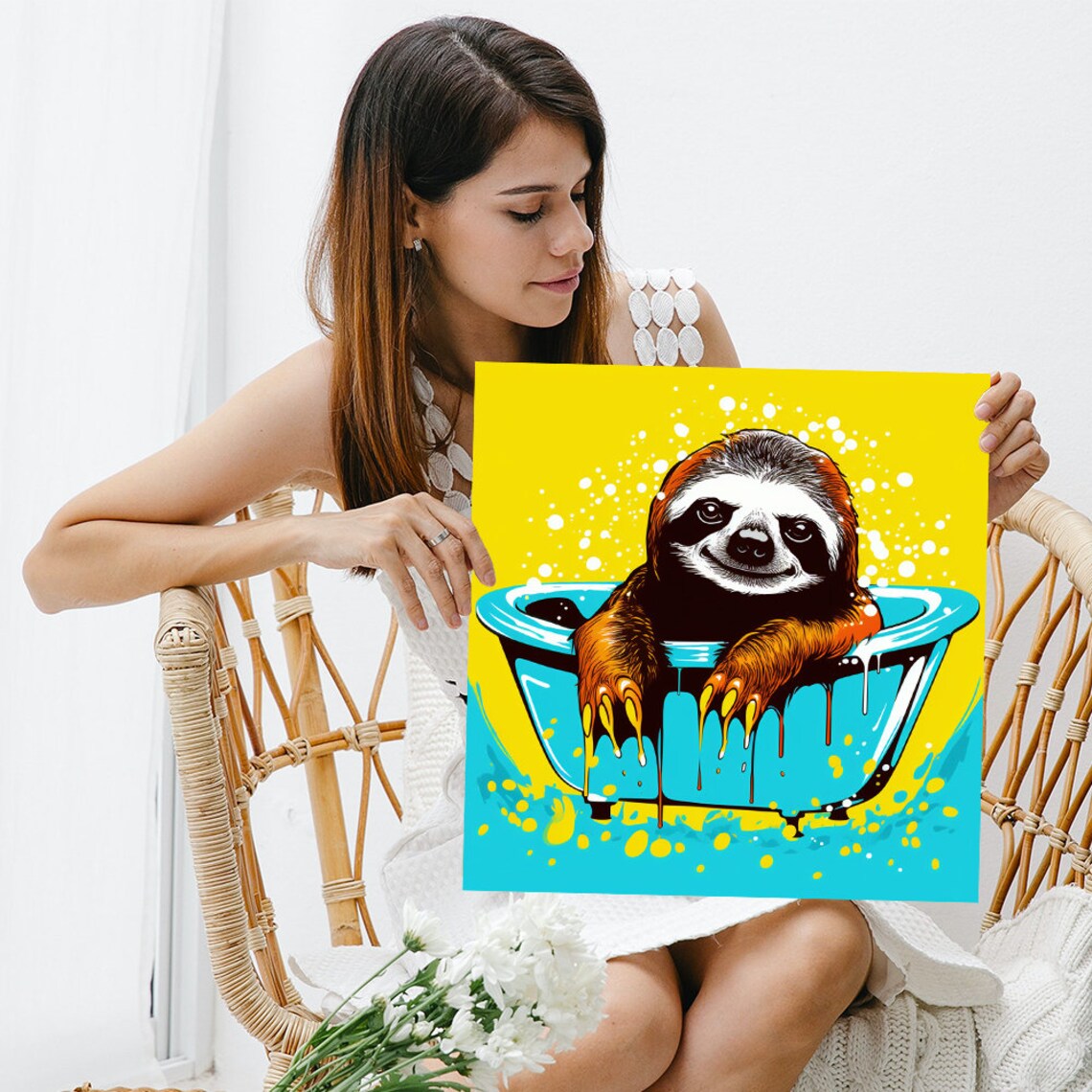 Smiling Sloth Bathing In Blue Tub Bold Yellow Pop Art Bathroom Wall Poster - Image 3