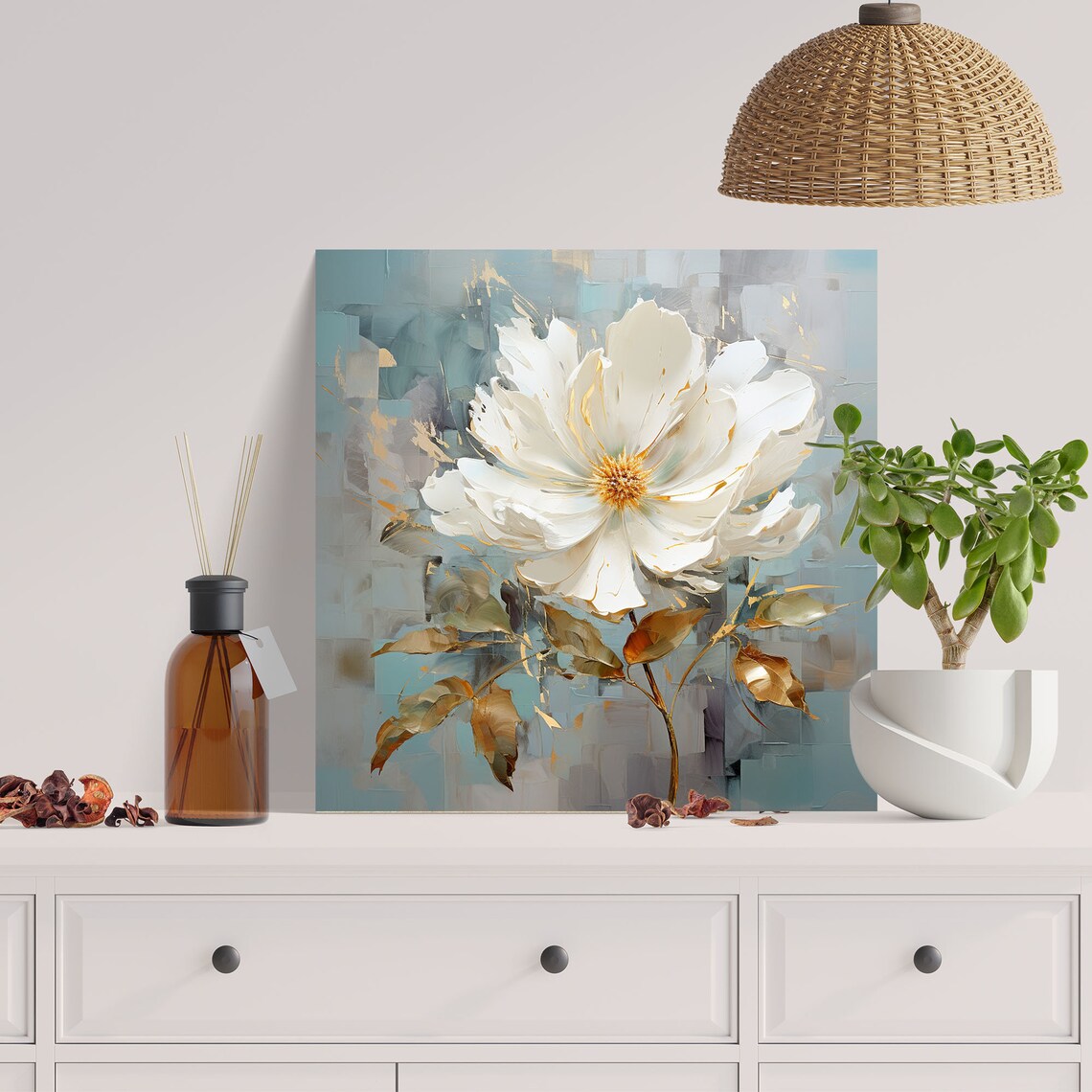 White and Gold Flower Wall Art Print, Botanical Decor - Image 4