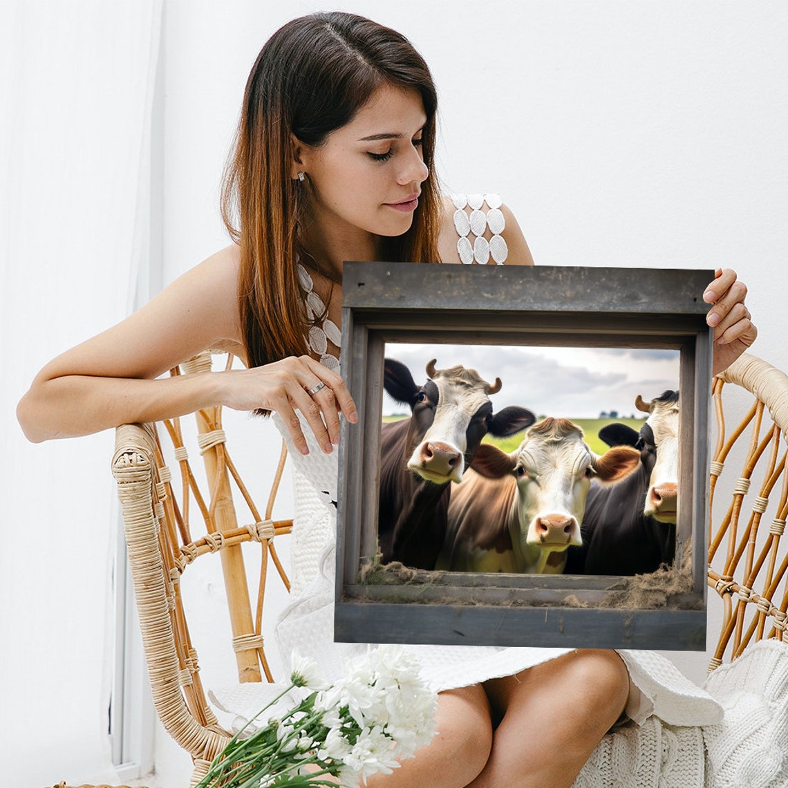 Three Curious Cows Peeking Through Rustic Barn Window Farm Poster - Image 3