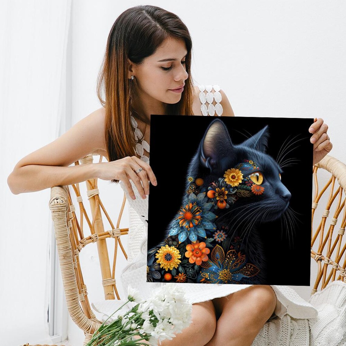 Cat Floral Fusion Bohemian Decor Wall Art Print - Image 3