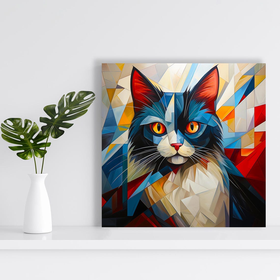 Geometric Abstract Cat Blue Red White Cubist Style Wall Art Poster - Image 2