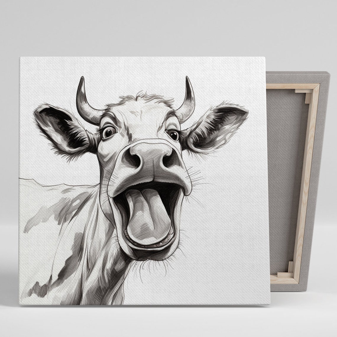 Laughing Cow Funny Face Expressive Black White Sketch Art Poster