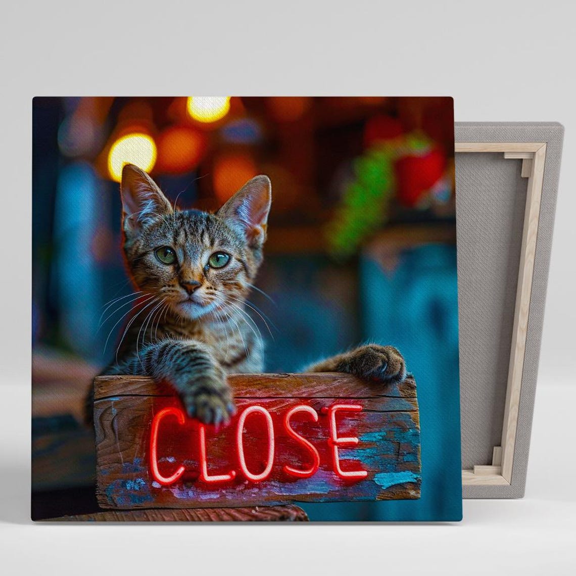 Cute Kitten Behind Glowing Close Neon Sign Night Shop Animal Poster
