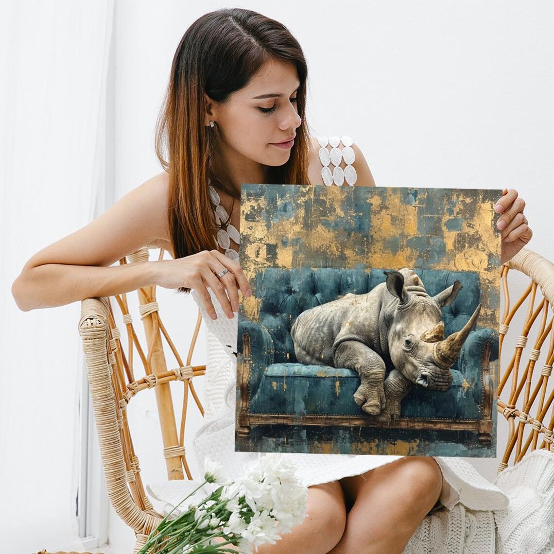 Regal Rhino Repose, Bohemian Wildlife Art Print - Image 3