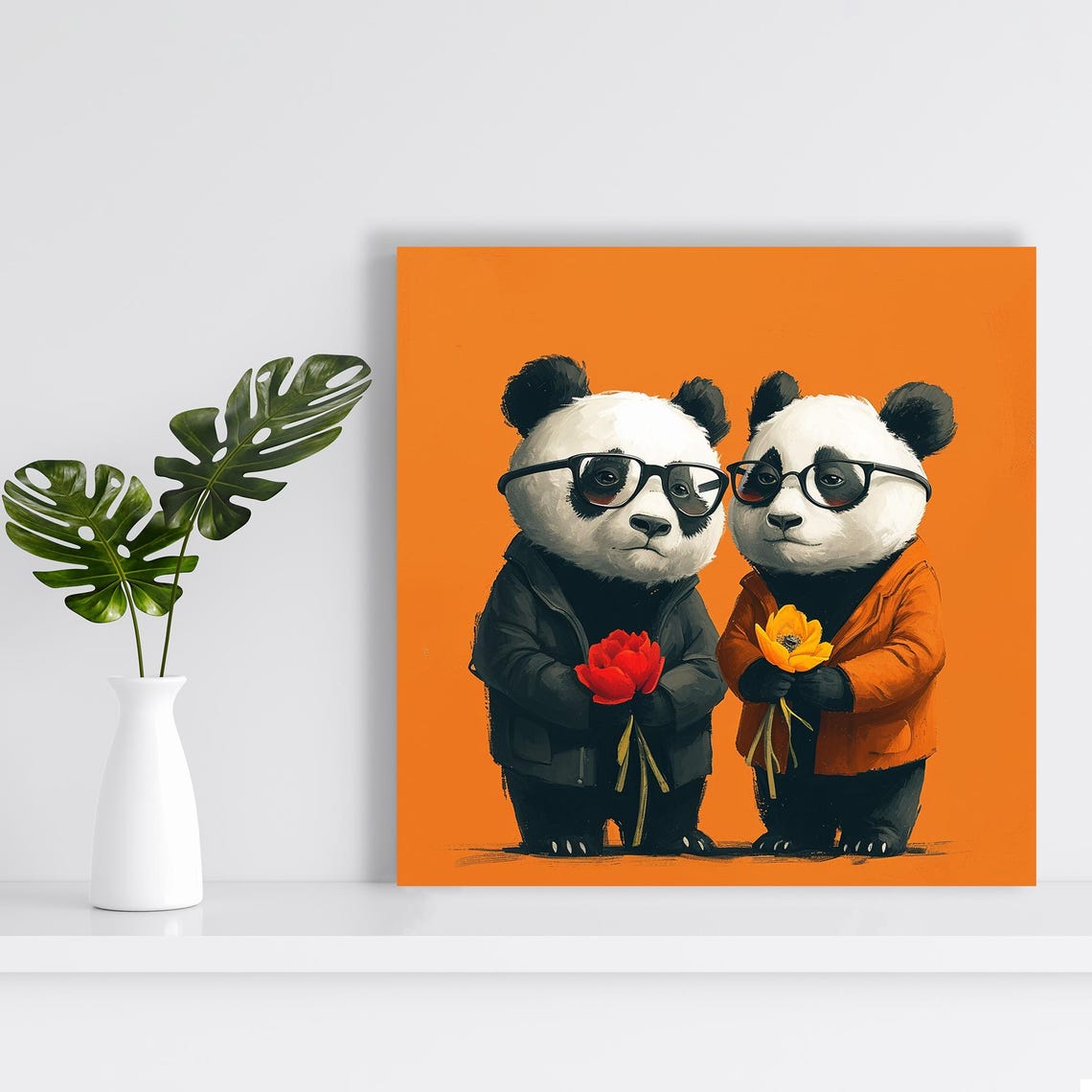 Hipster Panda Duo In Glasses Holding Flowers Warm Orange Art Poster - Image 2