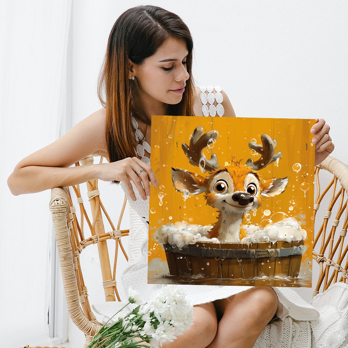 Adorable Baby Moose Bubble Bath Wooden Tub Whimsical Animal Poster - Image 3