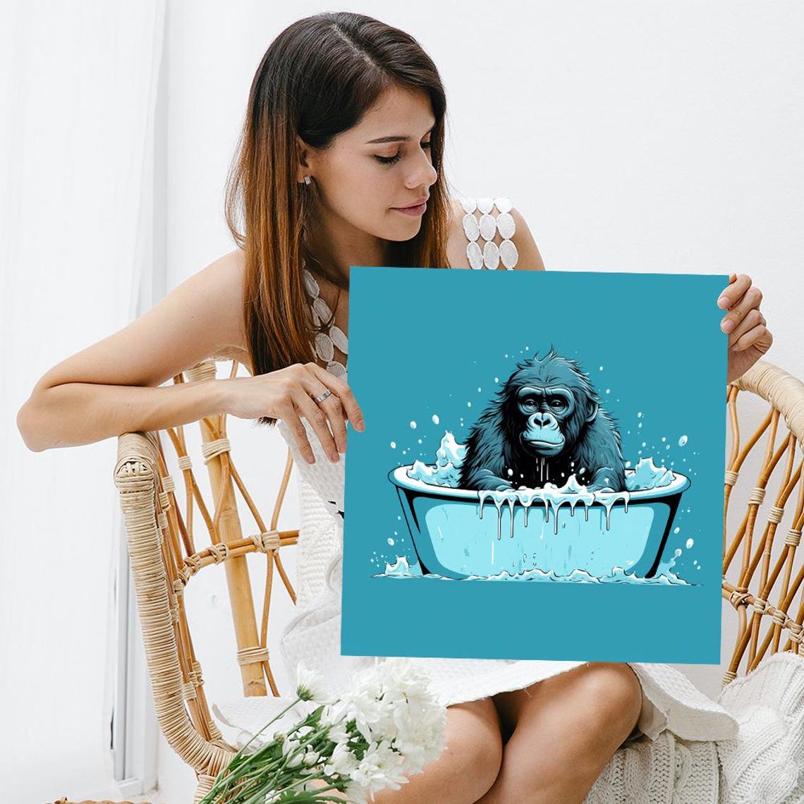 Gorilla Bubble Bath Time Whimsical Blue Monochrome Animal Art Poster - Image 3