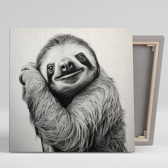 Smiling Sloth Portrait Black White Cute Happy Face Minimalist Animal Art