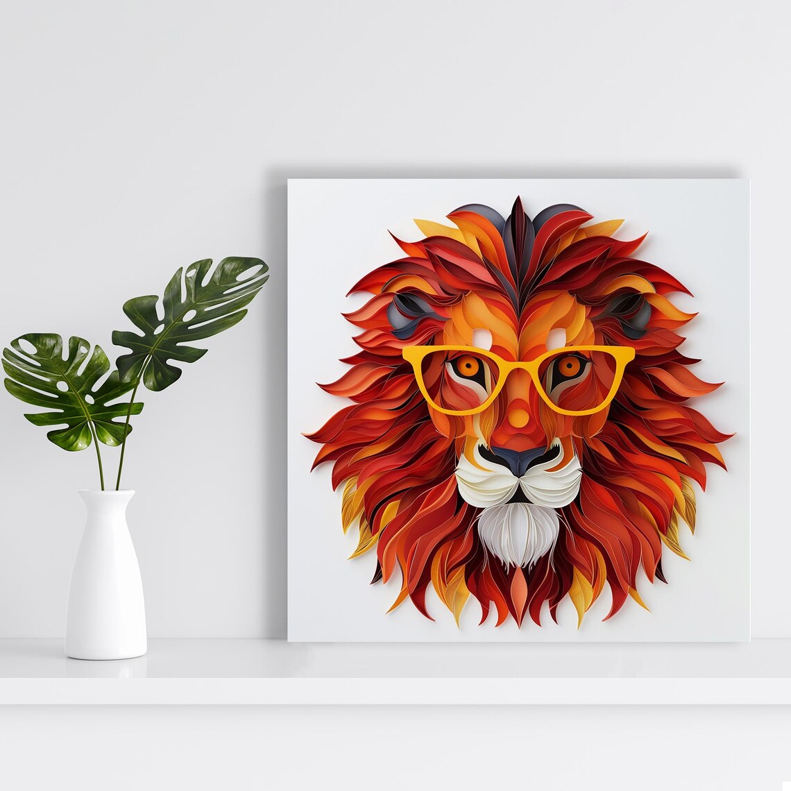 Whimsical Lion Head Paper Quilling Art Yellow Glasses Red Mane Wall Poster - Image 2