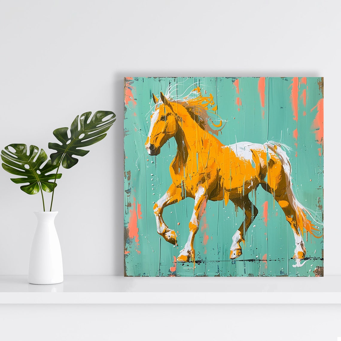 Golden Horse Galloping Poster Teal Splash Dynamic Equine Decor - Image 2