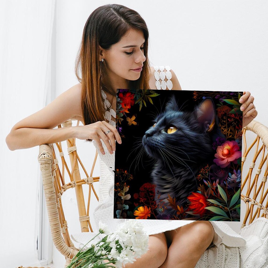 Midnight Garden Cat, Bohemian Living Room Art Print - Image 3