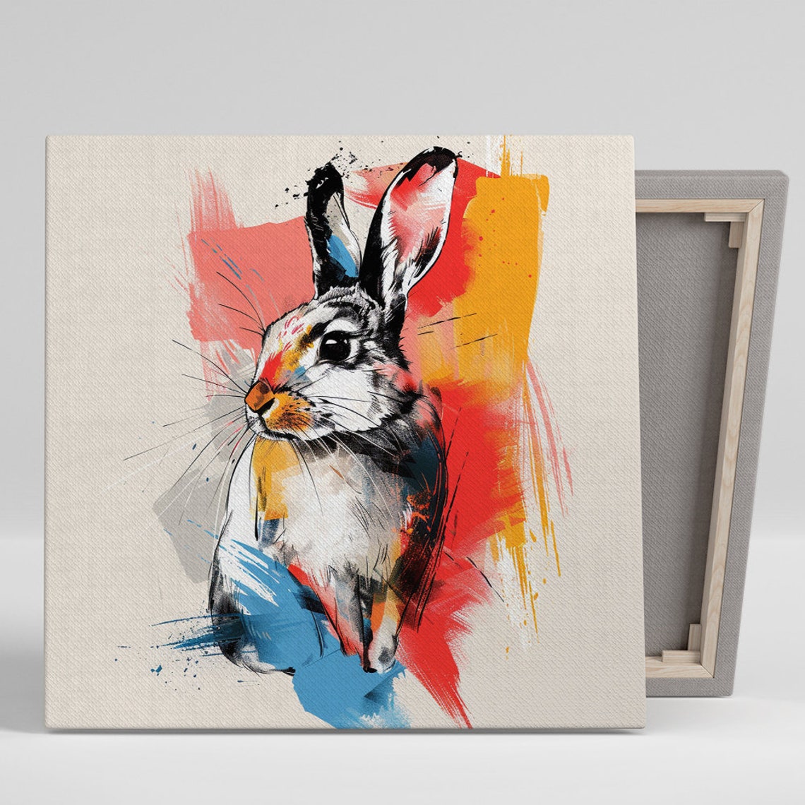 Vibrant Bunny Sketch Red Yellow Blue Paint Splash Animal Art Poster