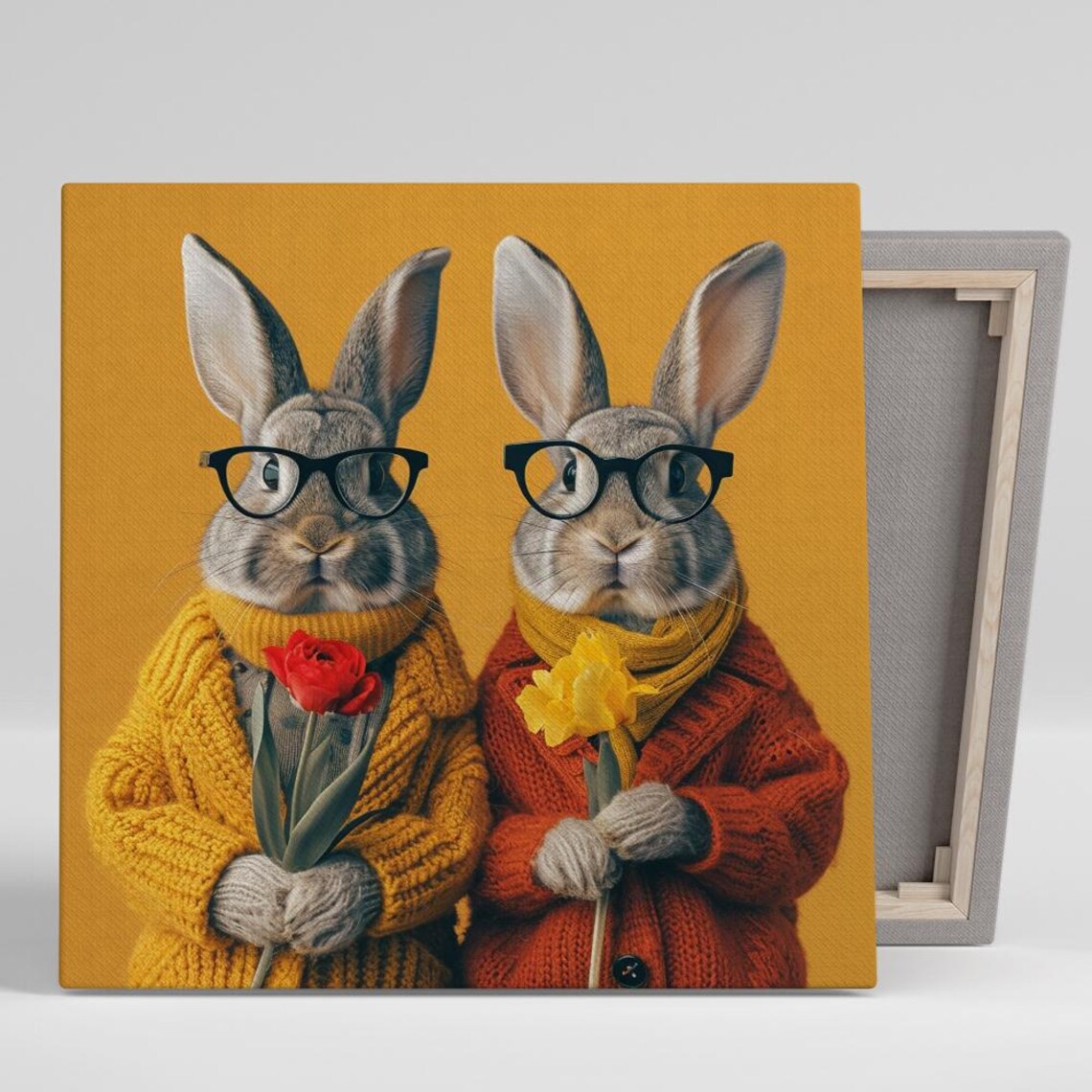 Two Scholar Rabbits in Glasses Knit Sweaters Flowers Funny Bunny Poster