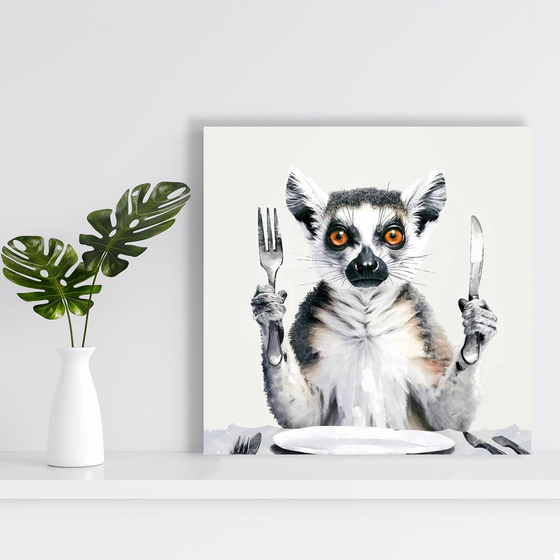 Hungry Lemur With Fork And Knife Funny Dining Room Wall Art Poster - Image 2