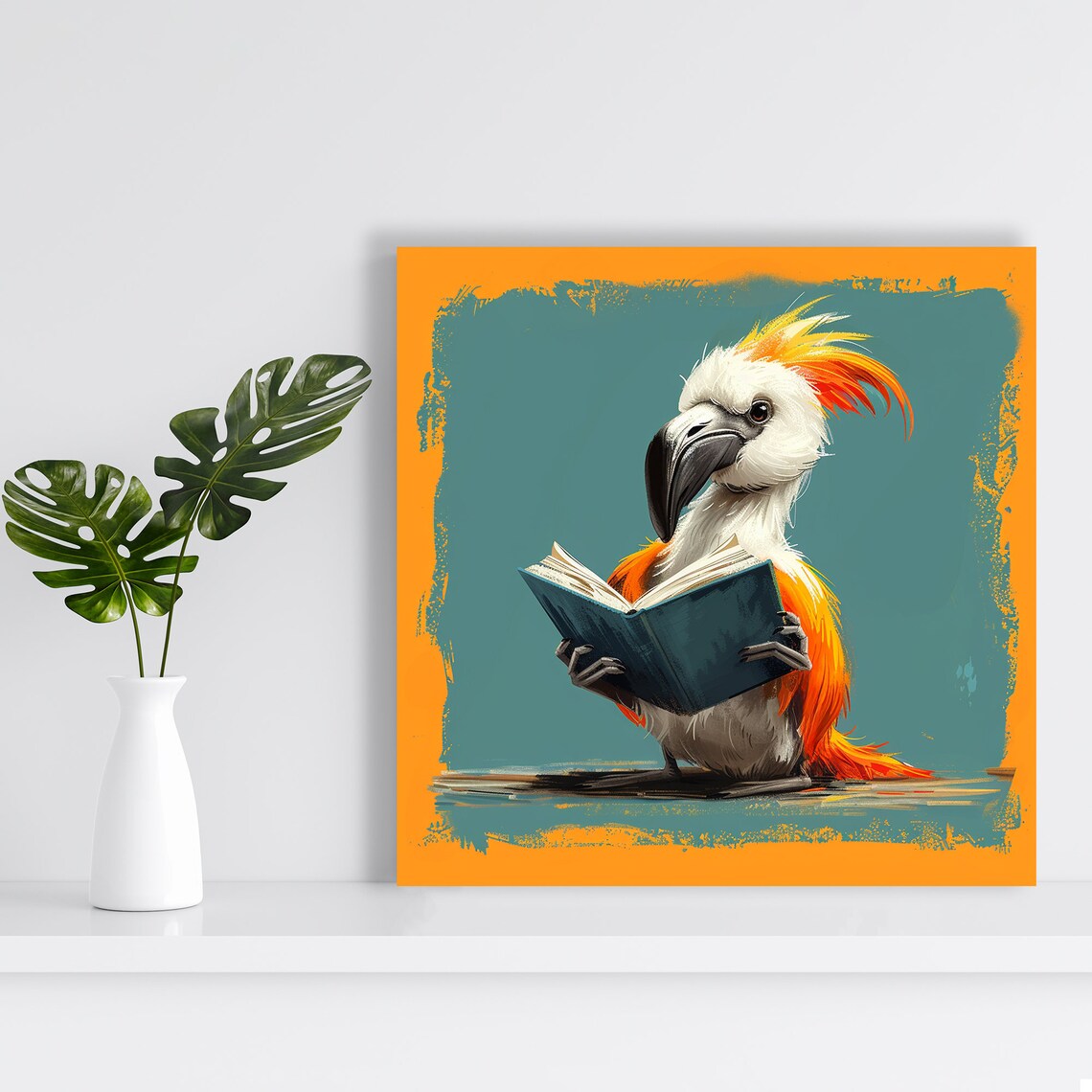Cockatoo Reading Teal Book With Orange Crest Whimsical Bird Library Poster - Image 2
