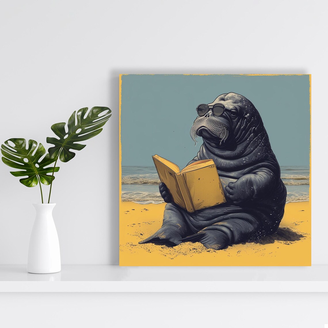 Walrus Reading Book On Beach Sunglasses Vintage Coastal Funny Animal Wall Art Print - Image 2