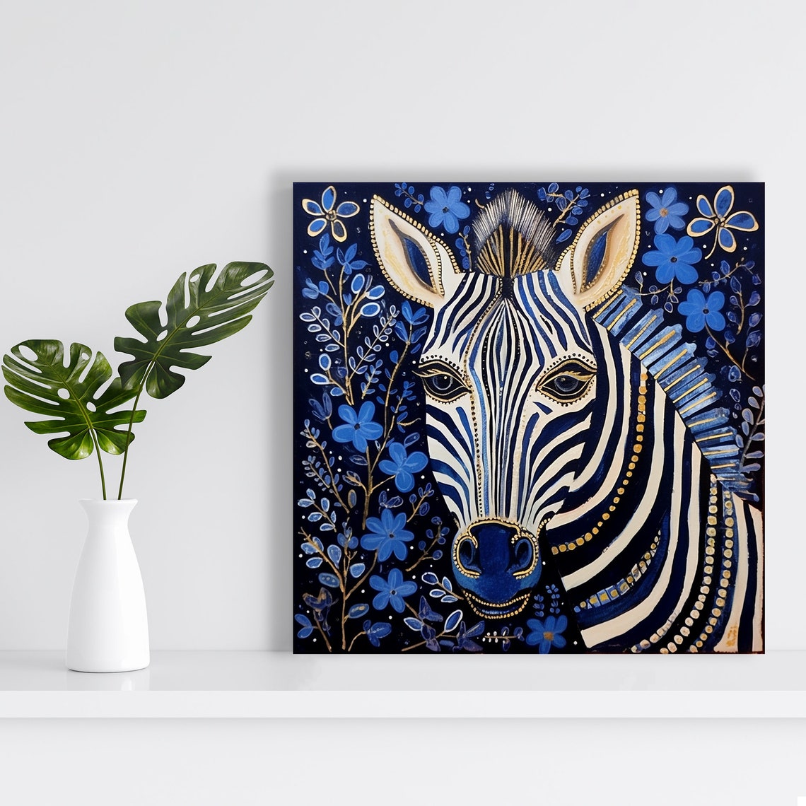 Elegant Zebra Portrait With Blue Flowers Midnight Blue Poster - Image 2