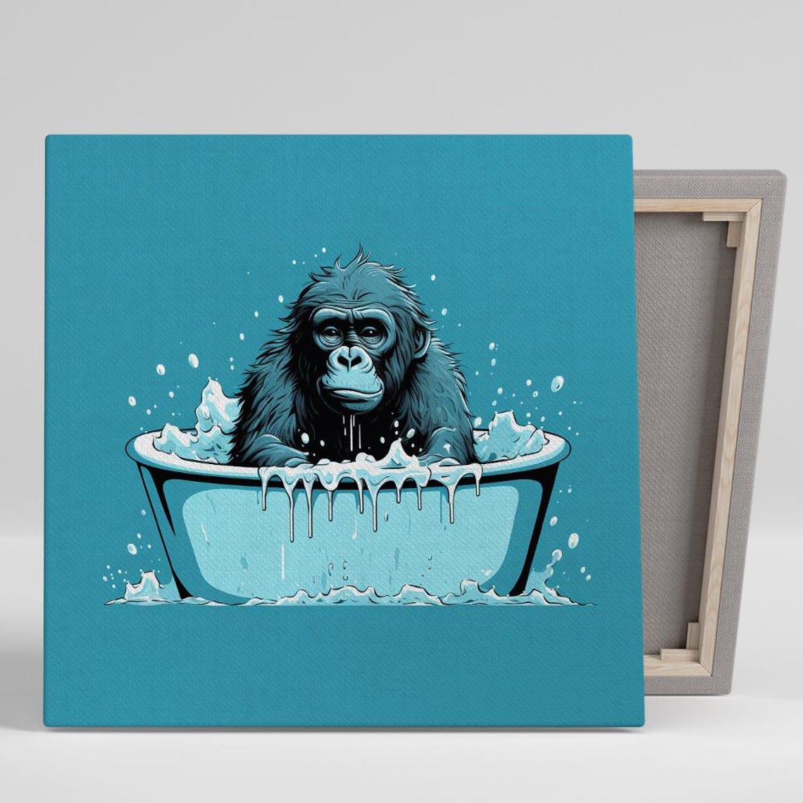 Gorilla Bubble Bath Time Whimsical Blue Monochrome Animal Art Poster