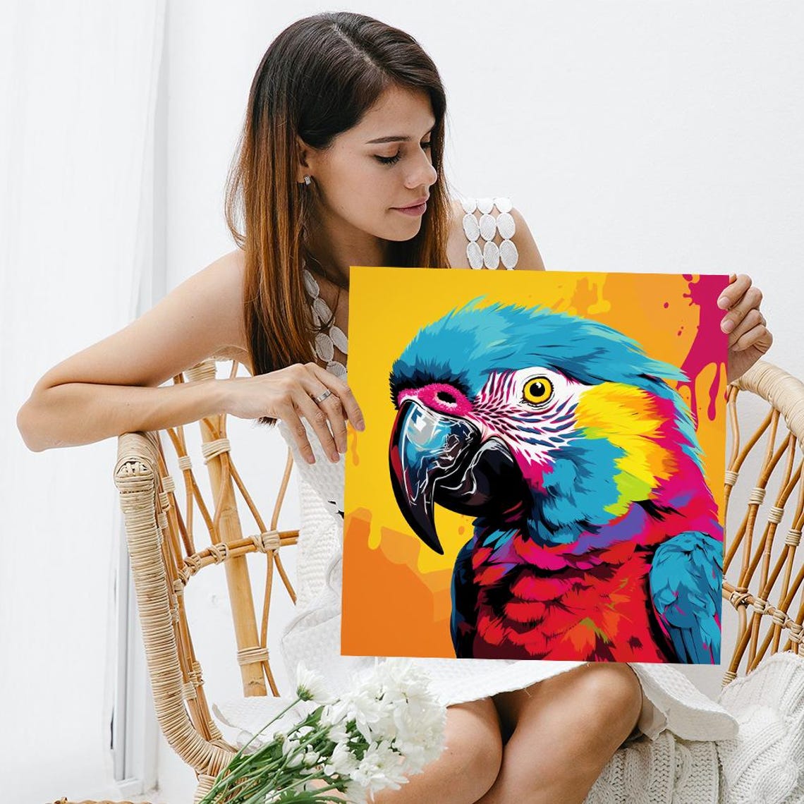 Neon Macaw Pop Art Splash Yellow Background Tropical Bird Art Poster - Image 3