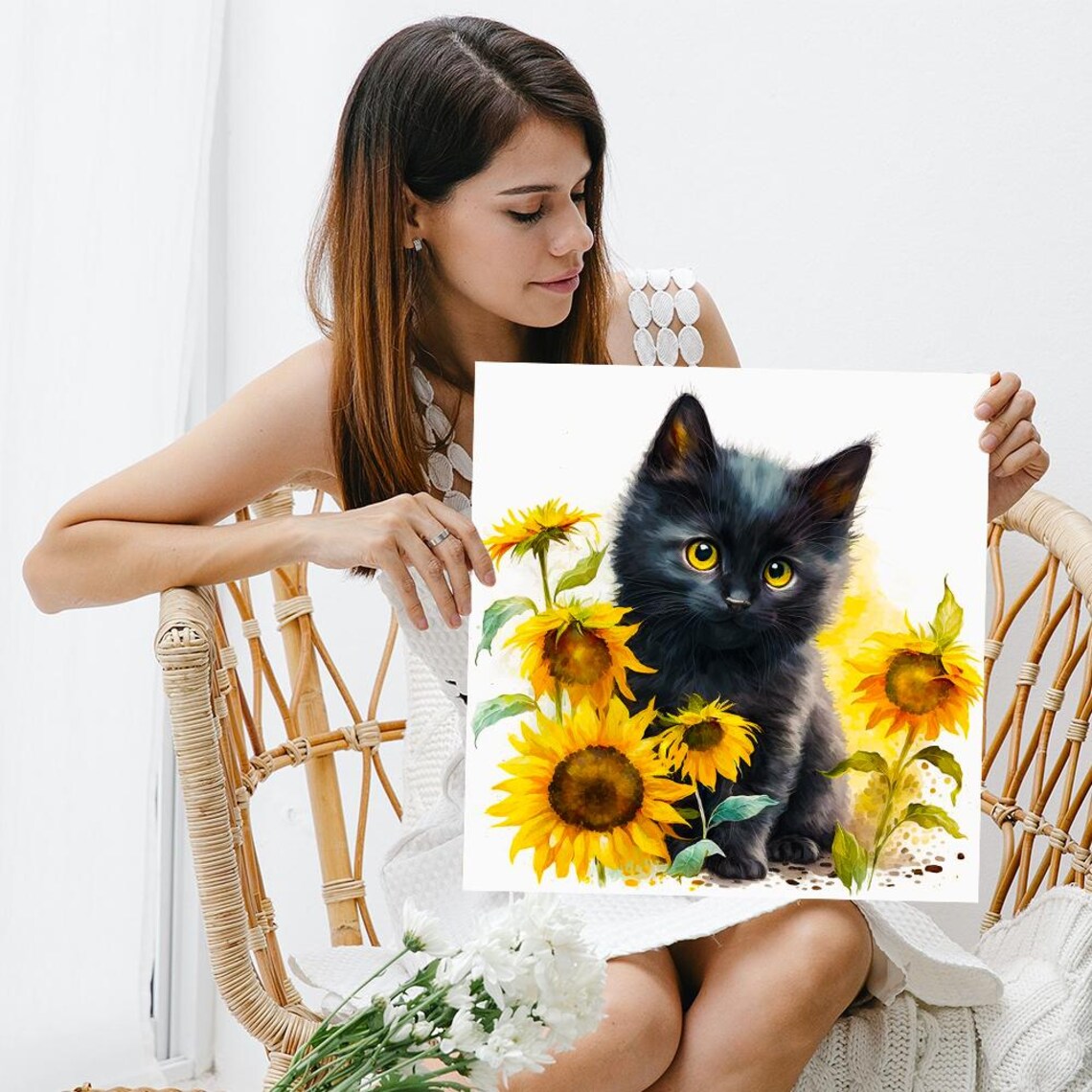Sunflower Kitten Delight, Whimsical Animal Art Print - Image 3
