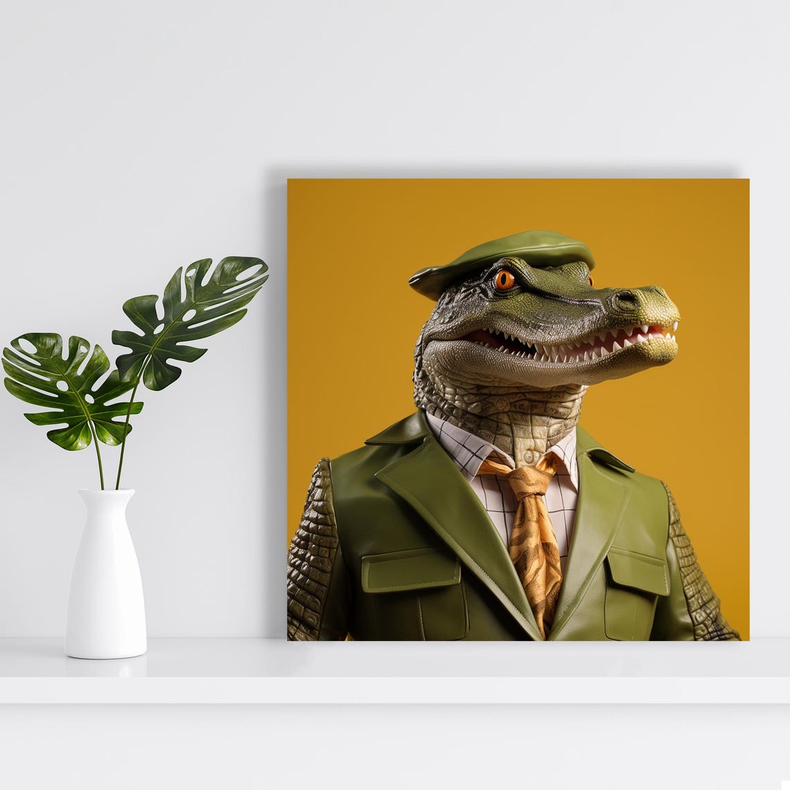 Dapper Crocodile Executive Green Suit Flat Cap Whimsical Poster - Image 2