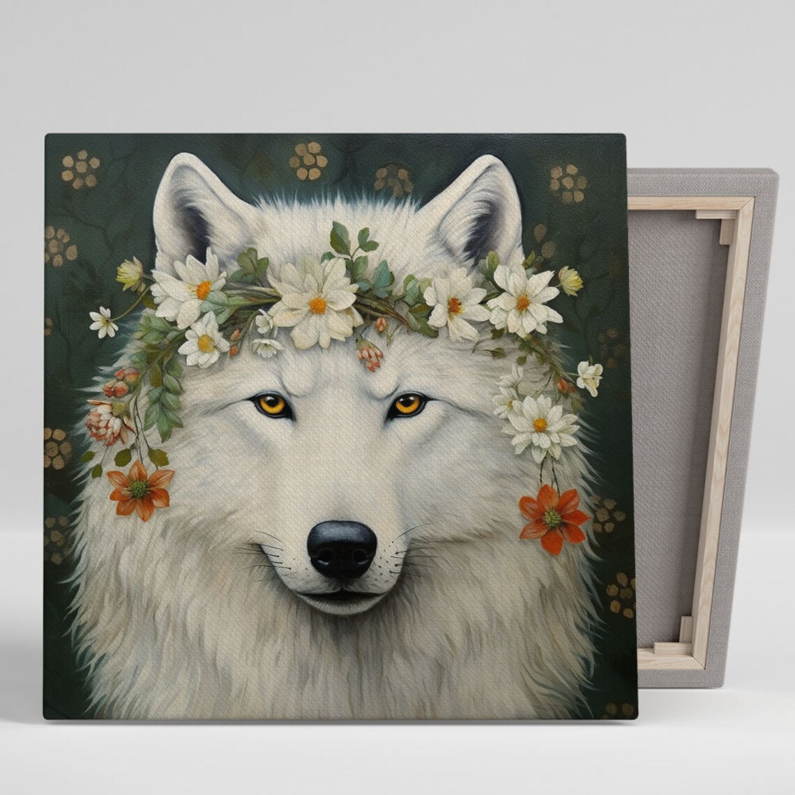 White Wolf Wearing Flower Crown Daisies Dark Green Botanical Art Poster
