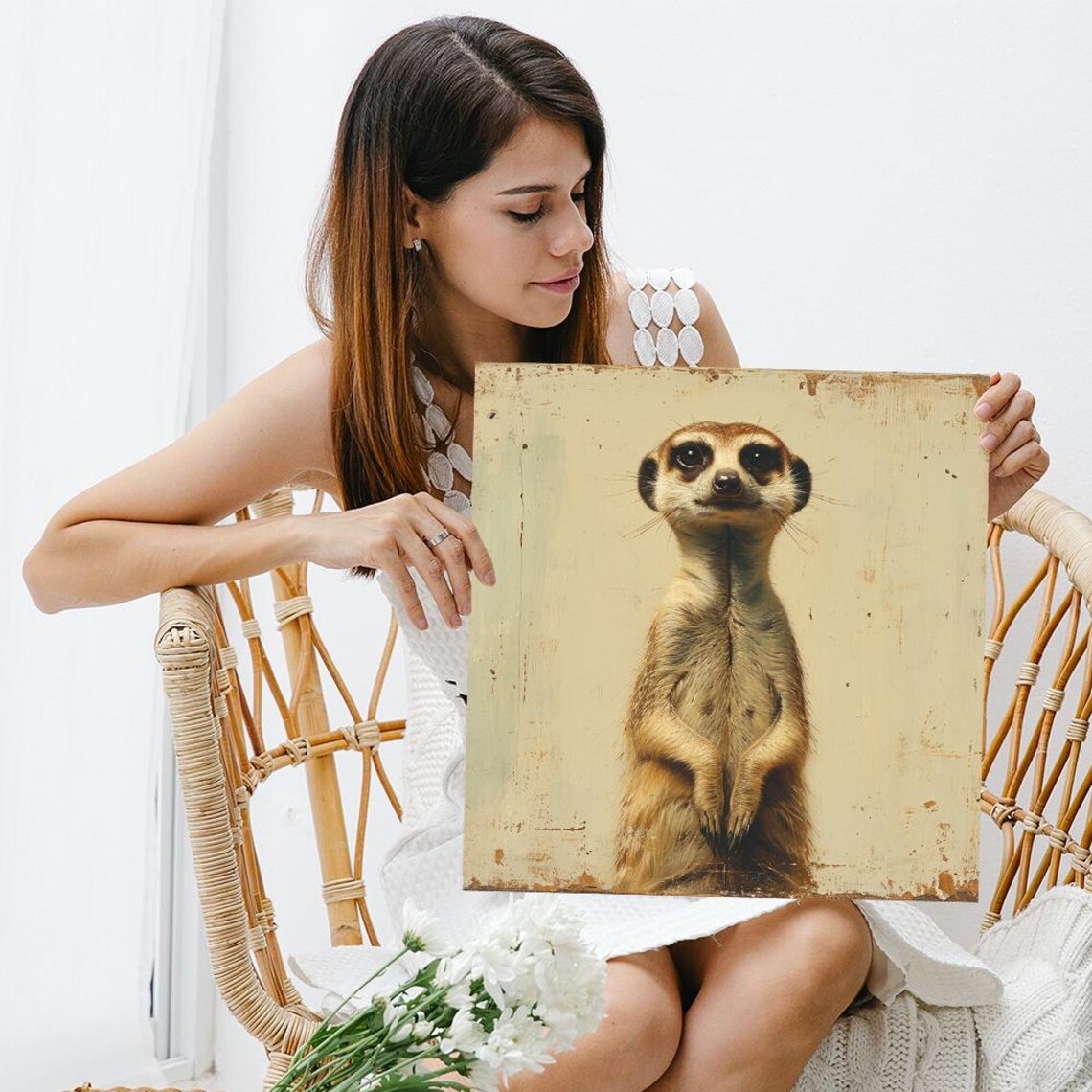 Curious Meerkat Standing Portrait Minimal Beige Vintage Style Poster - Image 3