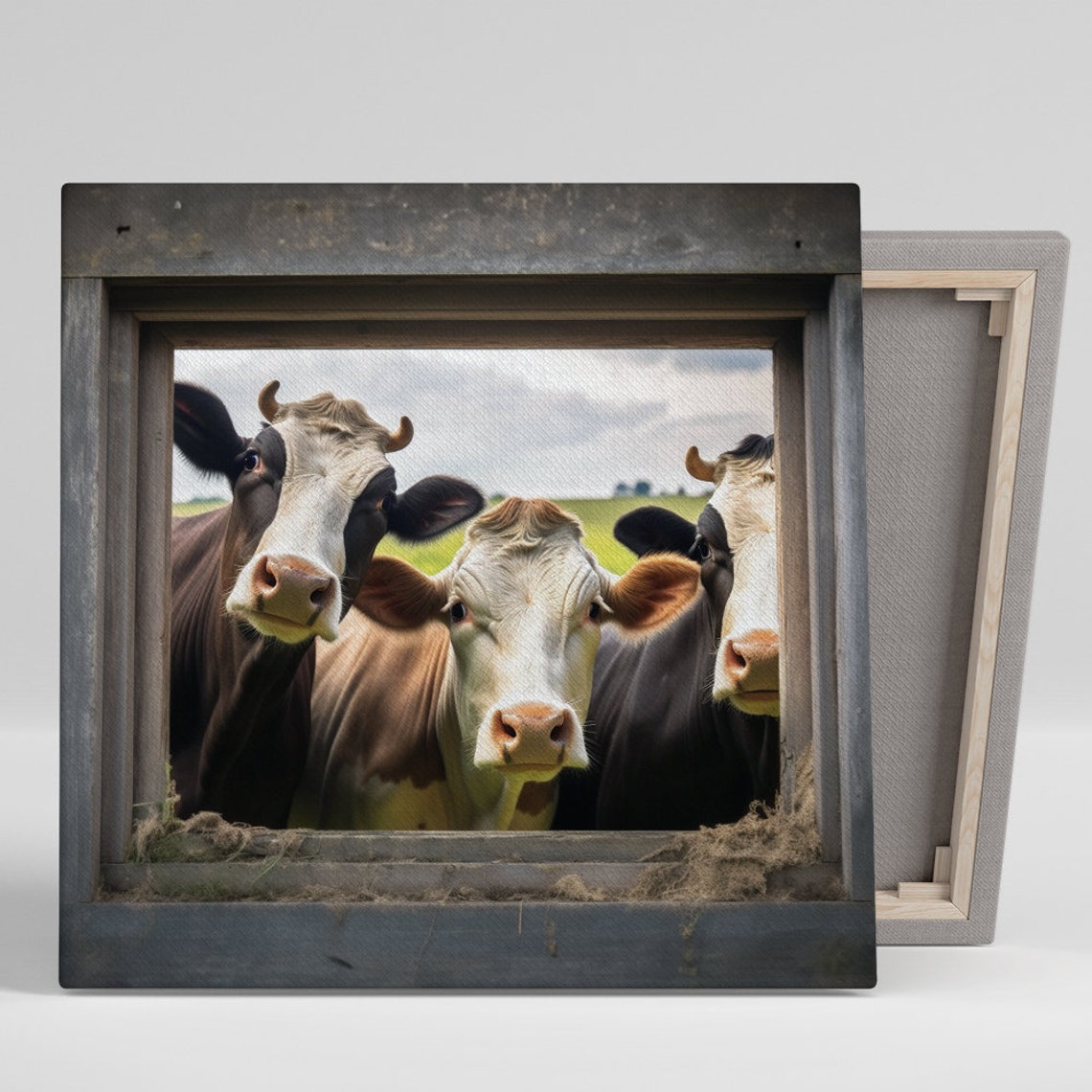 Three Curious Cows Peeking Through Rustic Barn Window Farm Poster