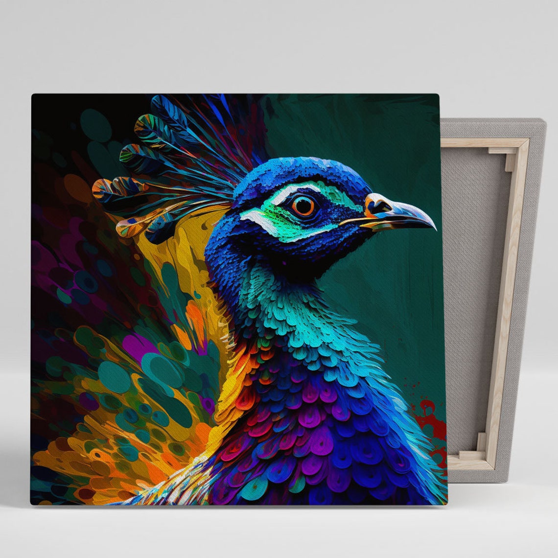Peacock Head Portrait Dark Emerald Gold Painterly Bird Art Poster