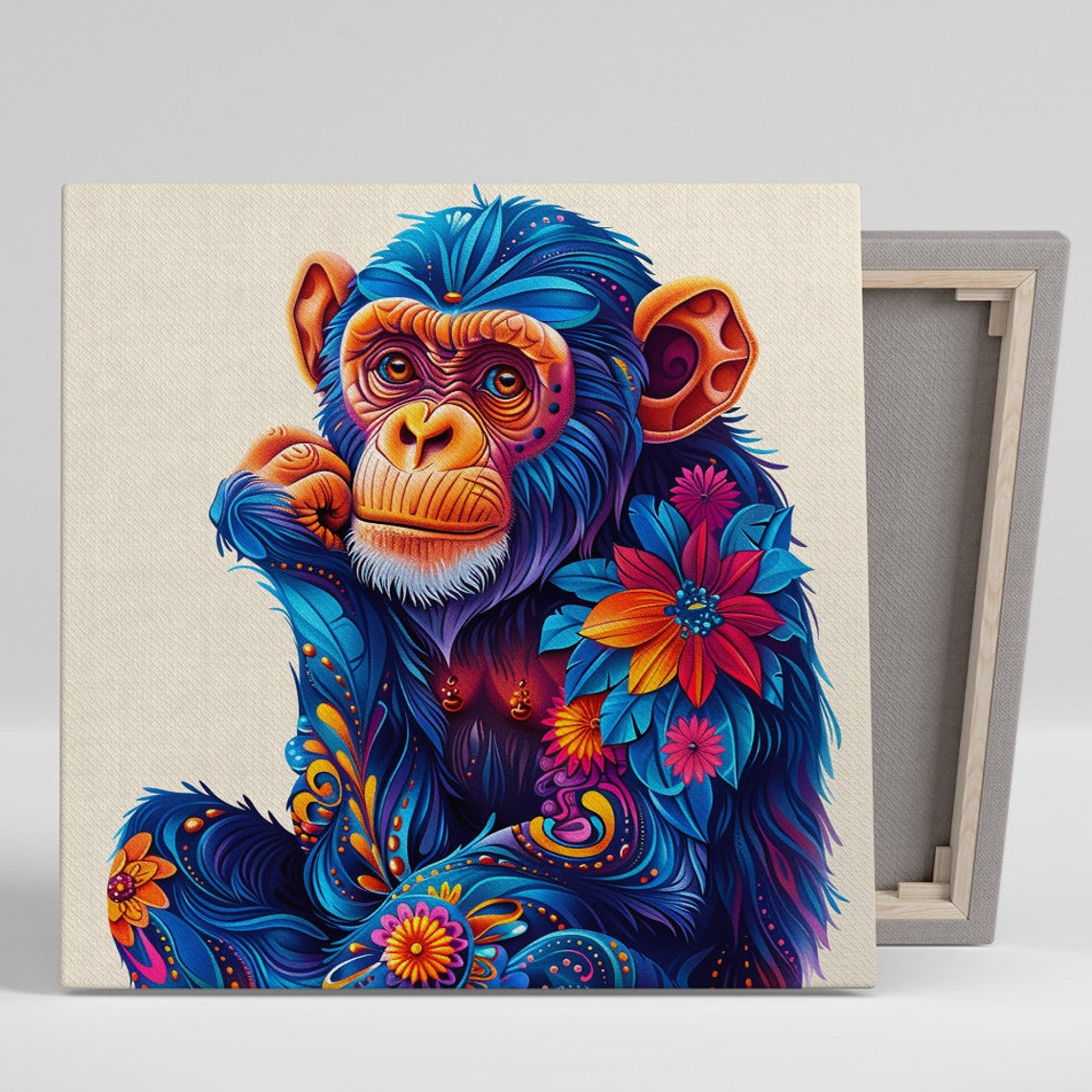 Colorful Chimpanzee Floral Pattern Blue Boho Animal Art Poster