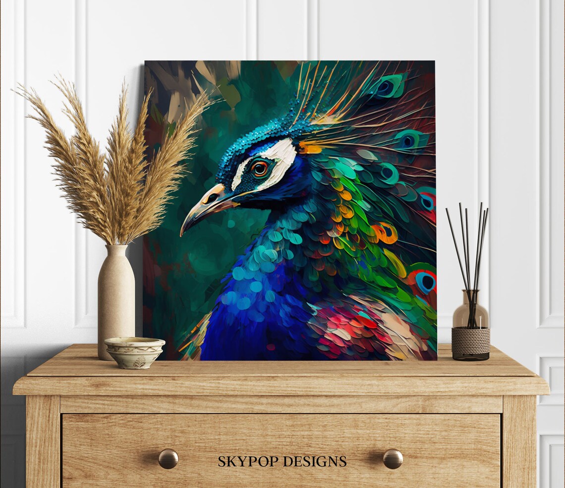 Colorful Peacock Head Close Up Painterly Blue Green Plumage Poster - Image 3