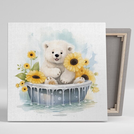 Smiling Polar Bear Cub Bathing Tub Sunflowers Soft Watercolor Poster