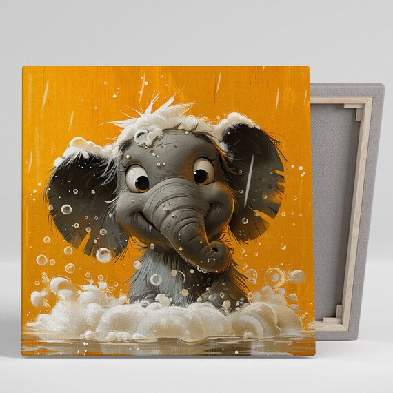 Baby Elephant Bubble Bath Soapy Splash Cheerful Orange Poster