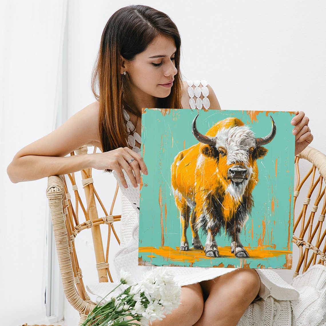 Orange Highland Cow With Horns Turquoise Rustic Animal Art Poster - Image 3