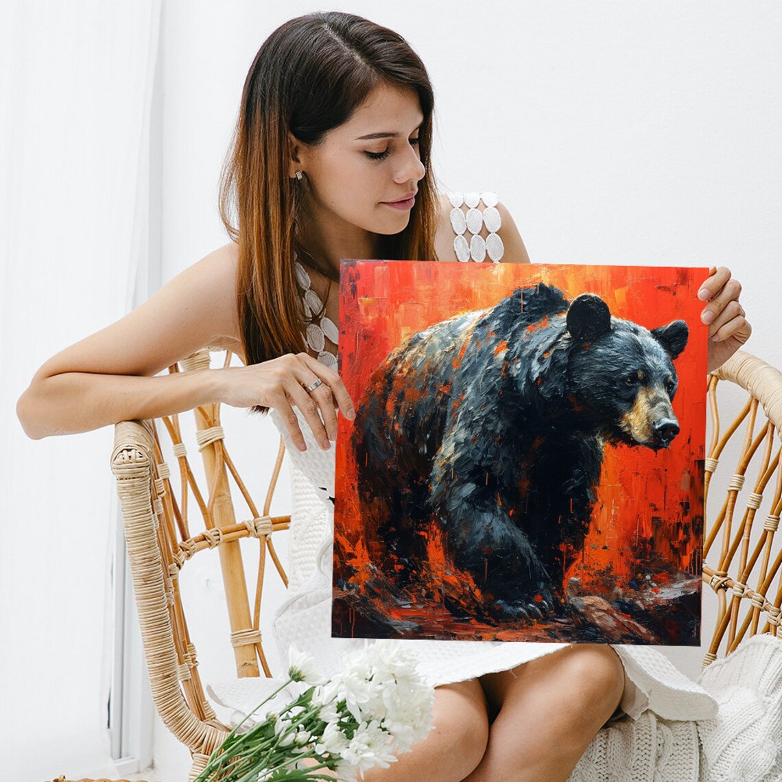 Black Bear Fiery Red Orange Oil Painting Dramatic Wildlife Wall Poster - Image 3