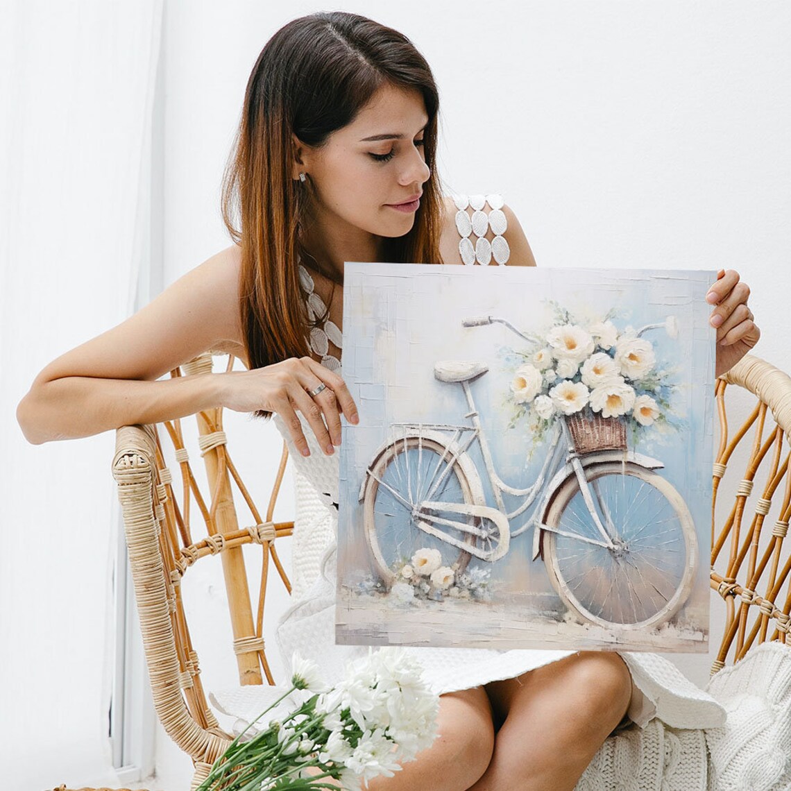 White Bicycle Basket Of Flowers Shabby Chic Vintage Floral Wall Poster - Image 5