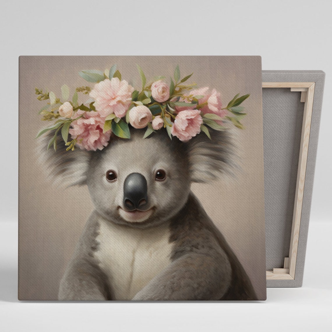 Koala Floral Crown Pink Flowers Soft Pastel Nursery Animal Wall Art