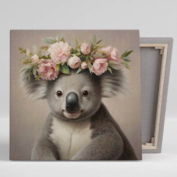 Koala Floral Crown Pink Flowers Soft Pastel Nursery Animal Wall Art