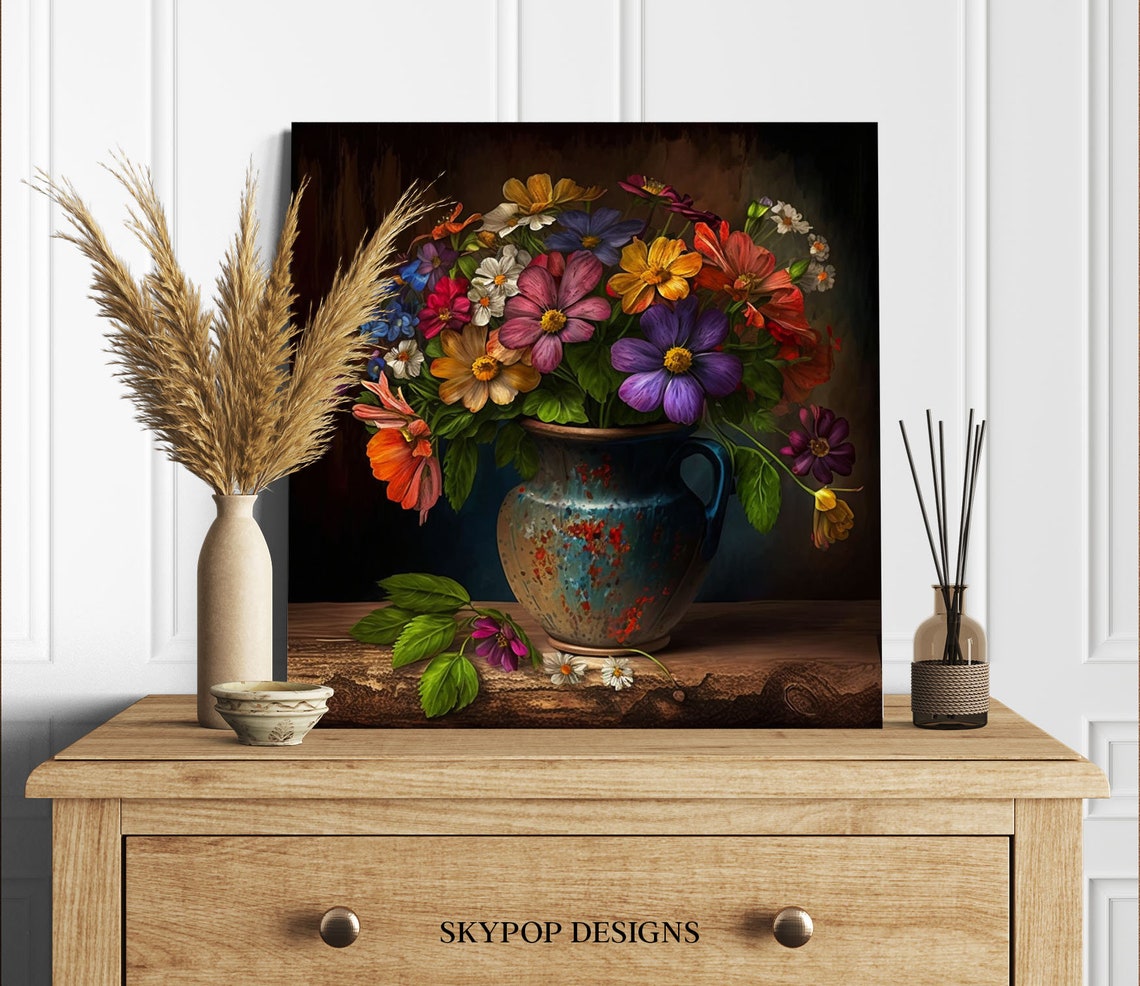 Vibrant Mixed Flower Bouquet In Blue Pitcher Classic Still Life Poster - Image 2