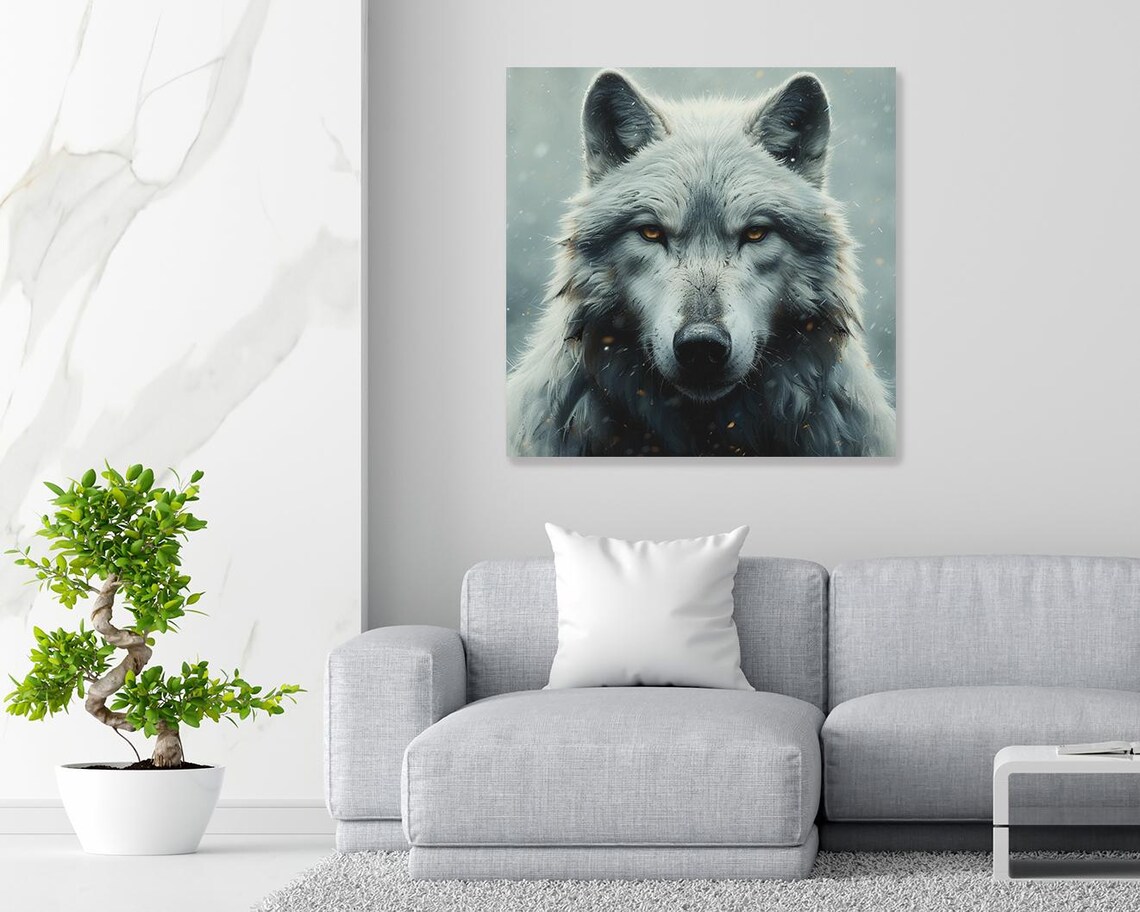 White Wolf Portrait Snowy Mist Amber Eyes Striking Wildlife Art Wall Poster - Image 2