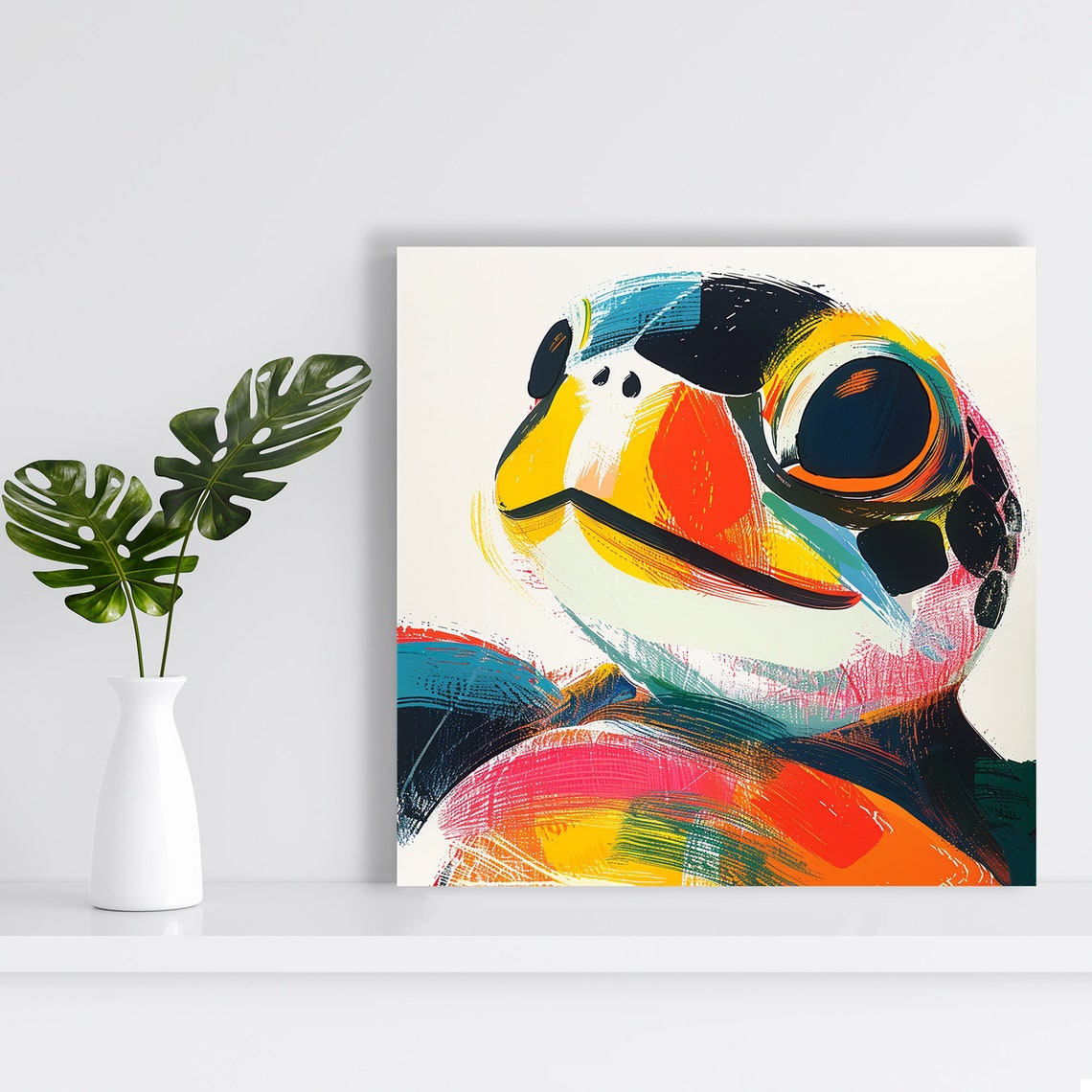 Puffin Abstract Brushstroke Art Yellow Red Blue Bird Wall Poster - Image 2