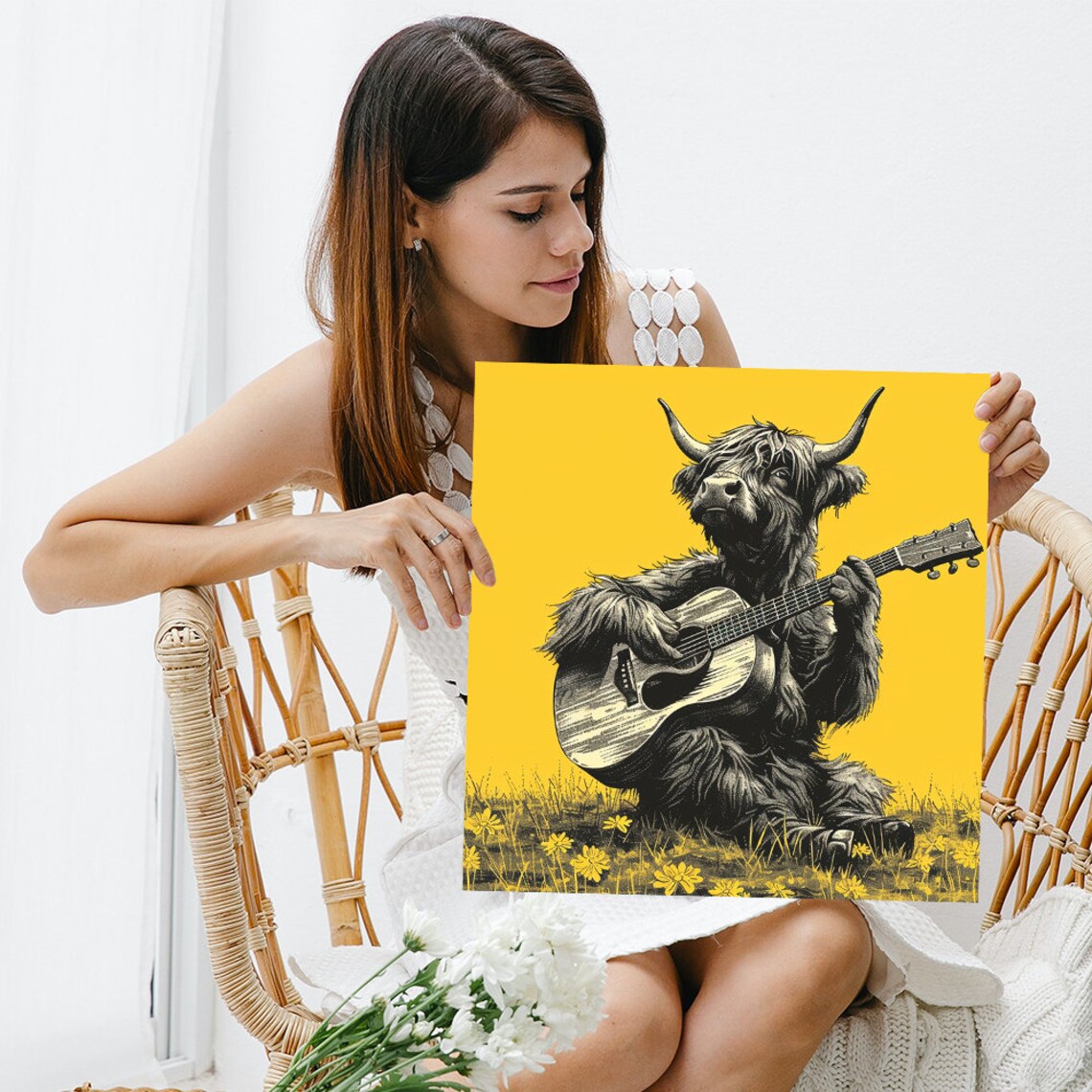 Highland Cow Serenade, Whimsical Rustic Art Print - Image 3
