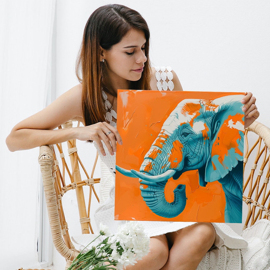 Teal Elephant Orange Splash Pop Art Portrait Vivid Color Poster - Image 3