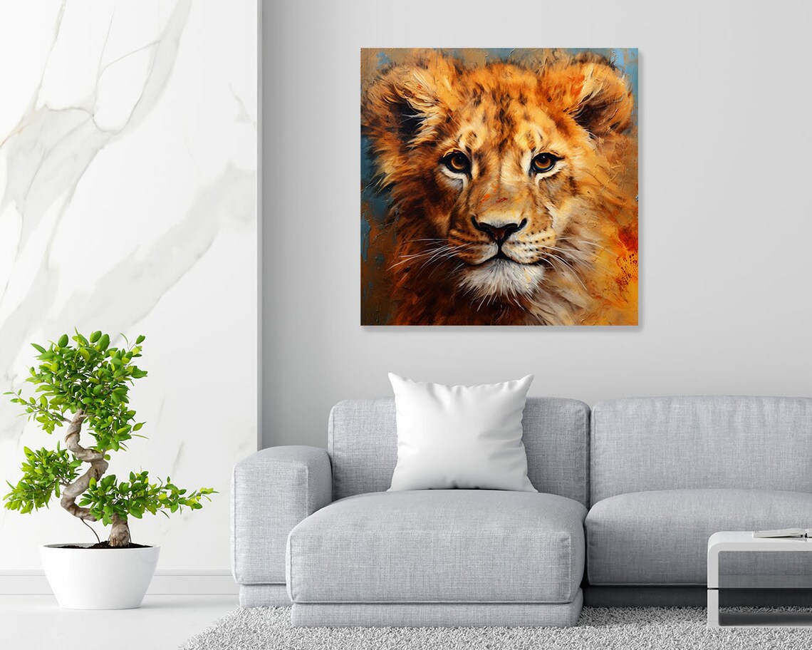 Lion Cub Face Golden Oil Painting Warm Wildlife Portrait Poster - Image 2